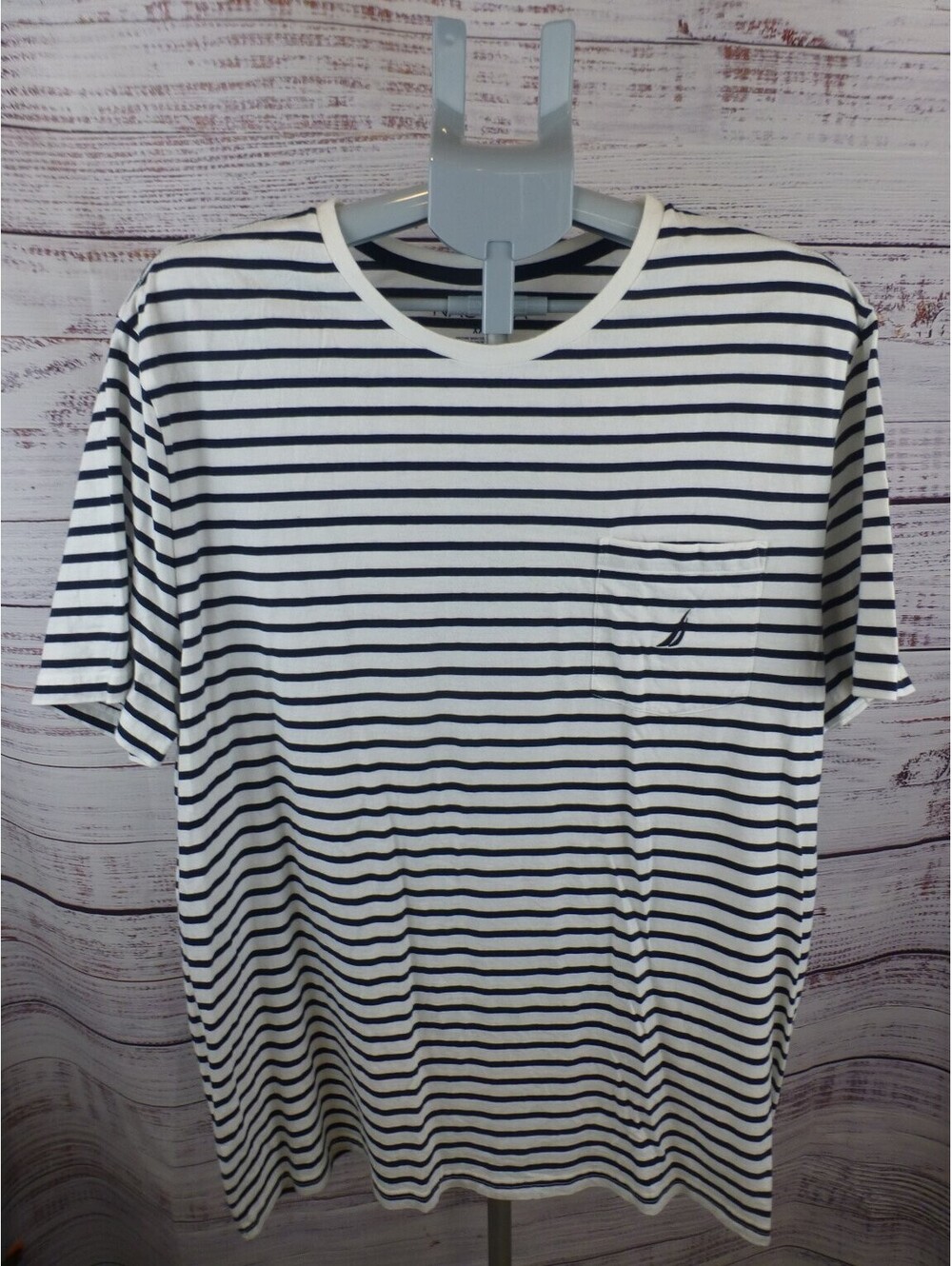 Nautica Men's XXL Striped Pocket T-Shirt White Navy Blue 100% Cotton Crew - K2